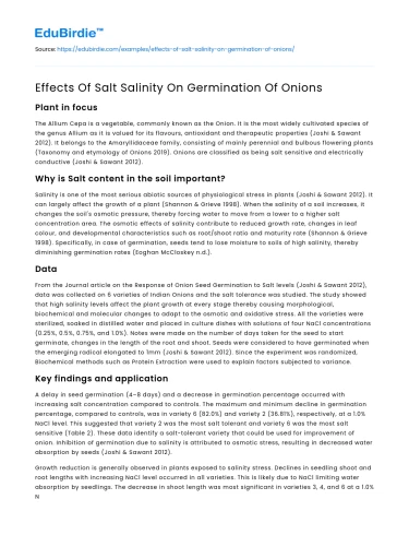 Effects Of Salt Salinity On Germination Of Onions
