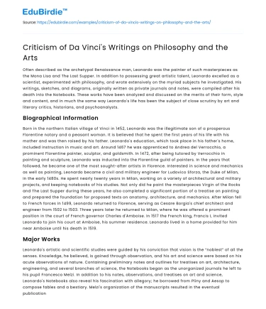 Criticism of Da Vinci’s Writings on Philosophy and the Arts