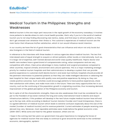 Medical Tourism in the Philippines: Strengths and Weaknesses
