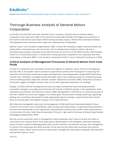 Thorough Business Analysis of General Motors Corporation