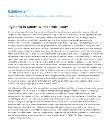 Hysteria in Salem Witch Trials Essay
