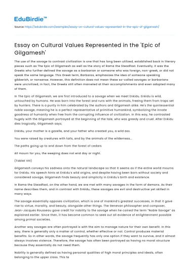 Essay on Cultural Values Represented in the ‘Epic of Gilgamesh’