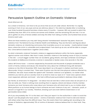 Persuasive Speech Outline on Domestic Violence