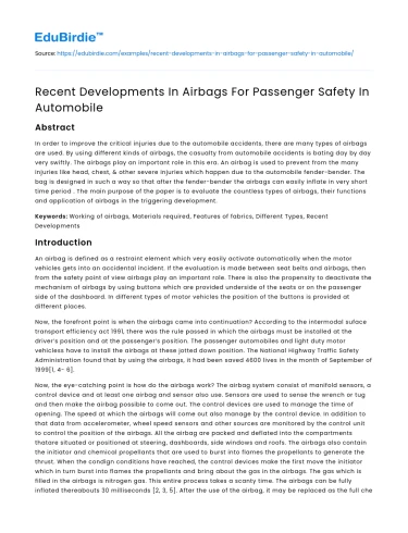 Recent Developments In Airbags For Passenger Safety In Automobile