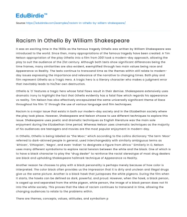 Racism In Othello By William Shakespeare