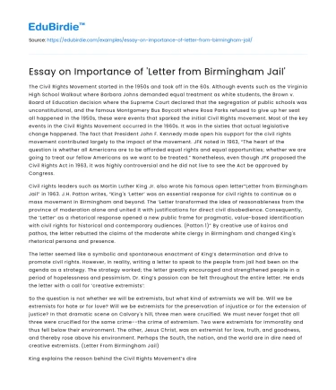 Essay on Importance of ‘Letter from Birmingham Jail’