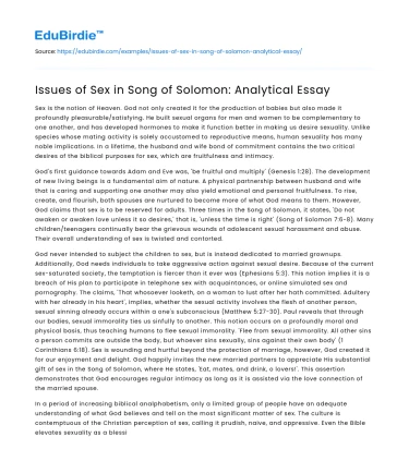 Issues of Sex in Song of Solomon: Analytical Essay