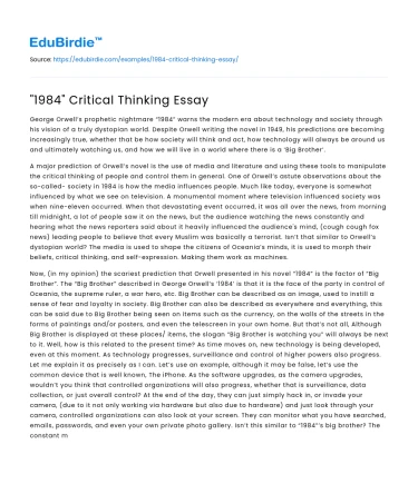 “1984” Critical Thinking Essay