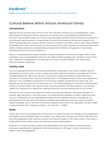 Cultural Believe Within African American Family
