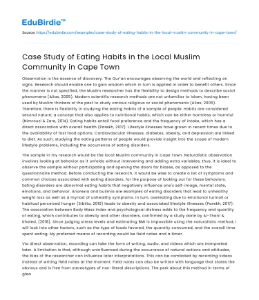 Case Study of Eating Habits in the Local Muslim Community in Cape Town