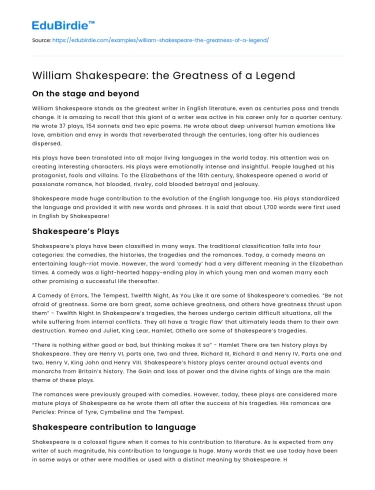 William Shakespeare: the Greatness of a Legend