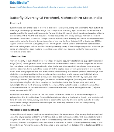 Butterfly Diversity Of Parbhani, Maharashtra State, India