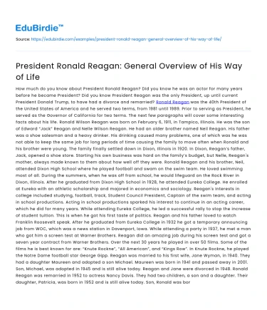 President Ronald Reagan: General Overview of His Way of Life