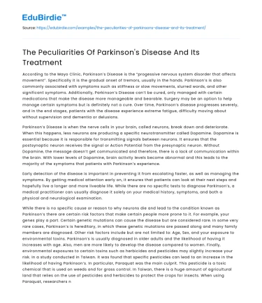 The Peculiarities Of Parkinson’s Disease And Its Treatment