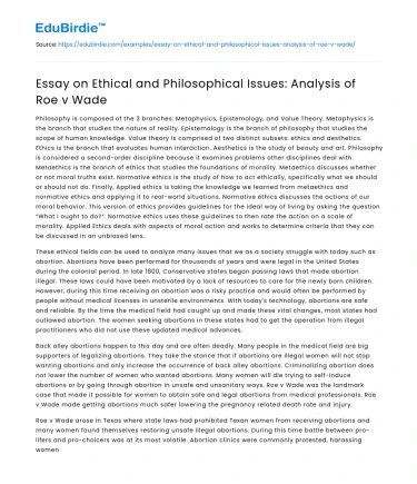 Essay on Ethical and Philosophical Issues: Analysis of Roe v Wade