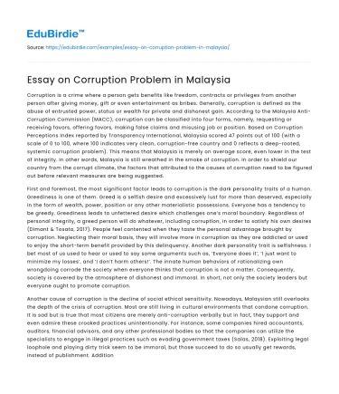 Essay on Corruption Problem in Malaysia