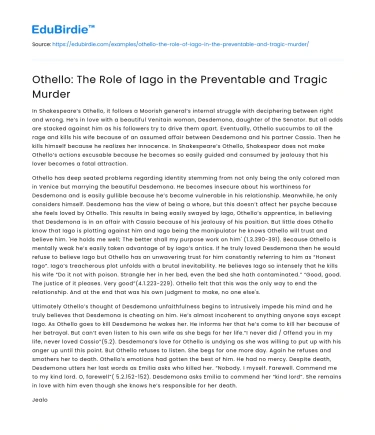 Othello: The Role of Iago in the Preventable and Tragic Murder