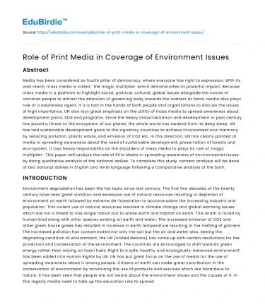 Role of Print Media in Coverage of Environment Issues