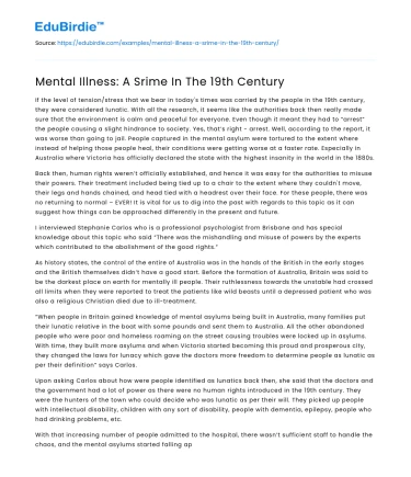Mental Illness: A Srime In The 19th Century