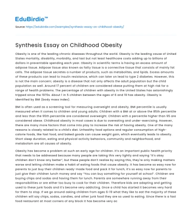 Synthesis Essay on Childhood Obesity