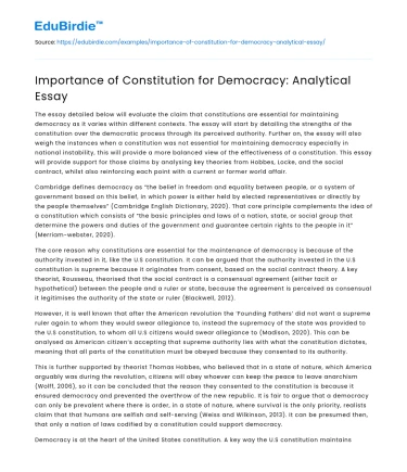 Importance of Constitution for Democracy: Analytical Essay