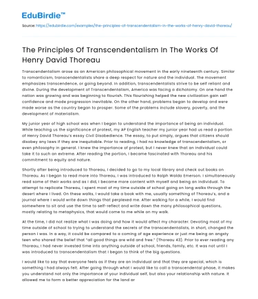 The Principles Of Transcendentalism In The Works Of Henry David Thoreau