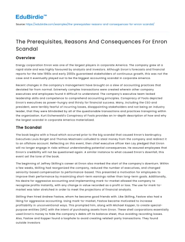 The Prerequisites, Reasons And Consequences For Enron Scandal