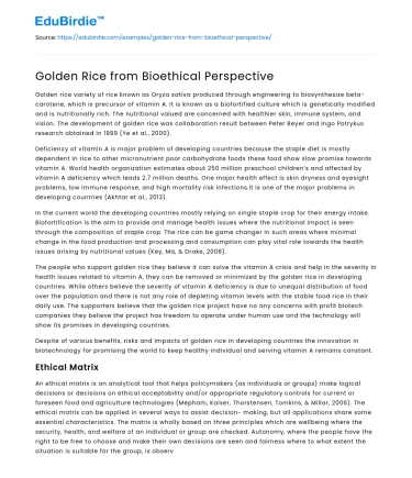 Golden Rice from Bioethical Perspective