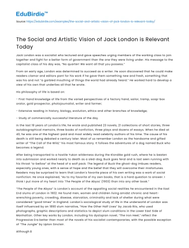 The Social and Artistic Vision of Jack London is Relevant Today