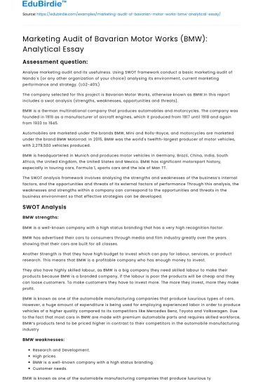 Marketing Audit of Bavarian Motor Works (BMW): Analytical Essay
