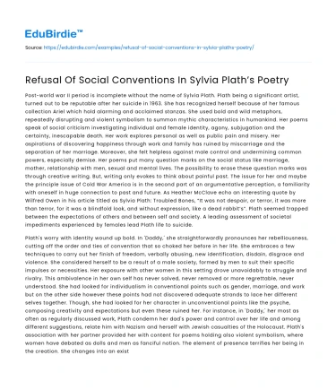 Refusal Of Social Conventions In Sylvia Plath’s Poetry