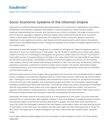 Socio-Economic Systems of the Ottoman Empire