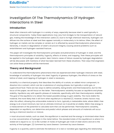 Investigation Of The Thermodynamics Of Hydrogen Interactions In Steel