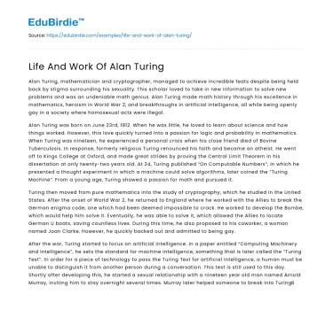 Life And Work Of Alan Turing