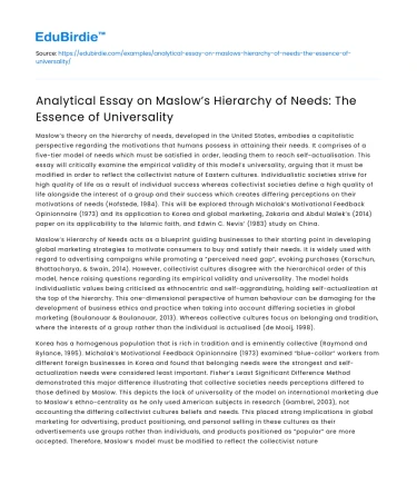 Maslow’s Hierarchy of Needs: Universality in Analysis