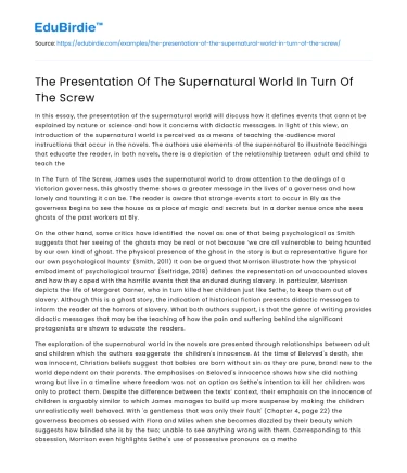 The Presentation Of The Supernatural World In Turn Of The Screw