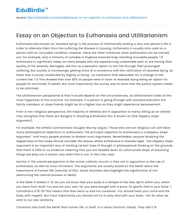 Essay on an Objection to Euthanasia and Utilitarianism