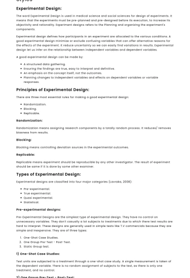 Experimental Design: General Overview of Principles and Styles
