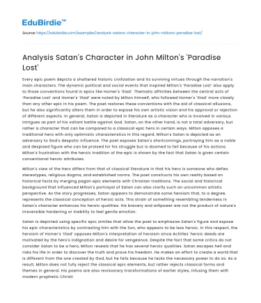 Analysis Satan’s Character in John Milton’s ‘Paradise Lost’