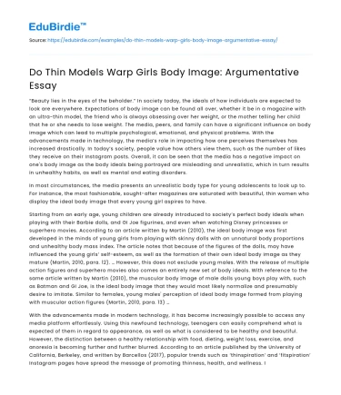 Do Thin Models Warp Girls Body Image: Argumentative Essay