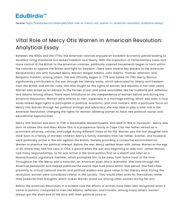 Vital Role of Mercy Otis Warren in American Revolution