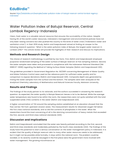 Batujai Reservoir Water Pollution Index in Central Lombok, Indonesia