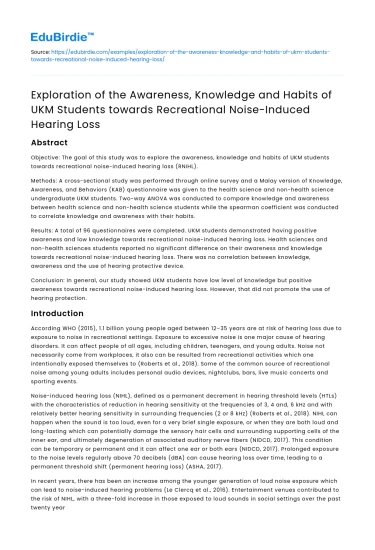 UKM Students’ Awareness of Recreational Noise
