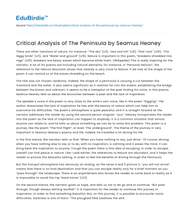 Critical Analysis of The Peninsula by Seamus Heaney