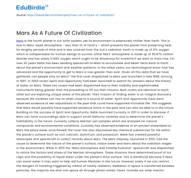 Mars As A Future Of Civilization