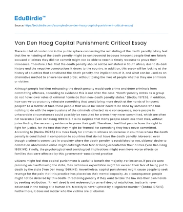 Van Den Haag Capital Punishment: Critical Essay
