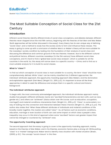 The Most Suitable Conception of Social Class for the 21st Century