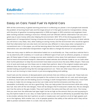 Essay on Cars: Fossil Fuel Vs Hybrid Cars
