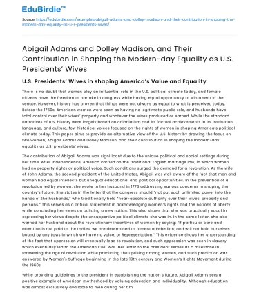 Adams & Madison: Shaping Modern Equality as US Presidents’ Wives