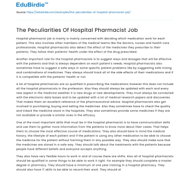 The Peculiarities Of Hospital Pharmacist Job